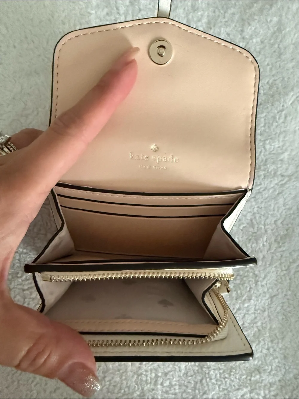 kate spade Pink and Tan Compact Wallet with Heart-Tassel Lock